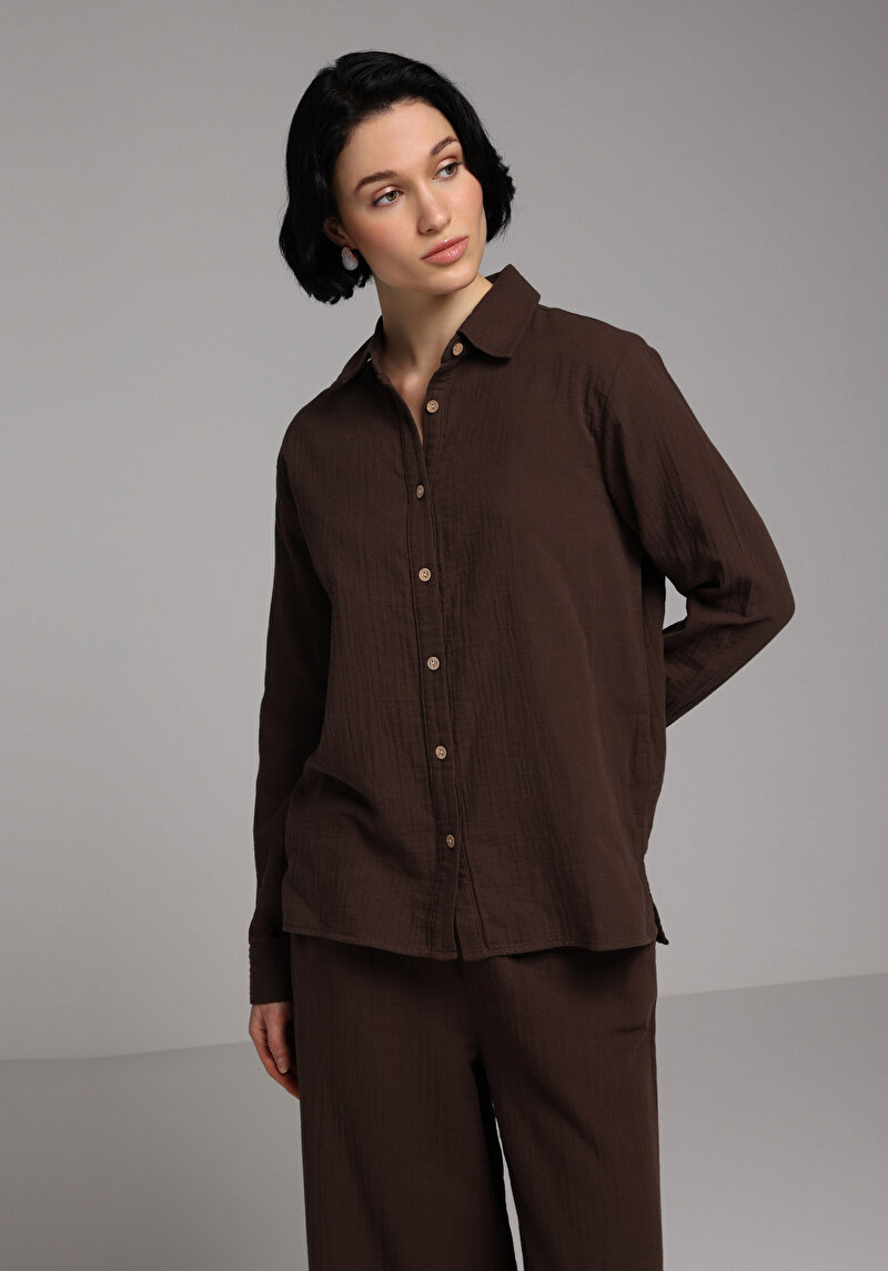 Зображення Сорочка З Довгим Рукавом Жіноча Коричнева